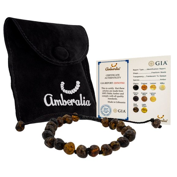 Baby Baltic Amber teething necklace and adjustable bracelet set-  Dark Green - - Picture 4 of 16